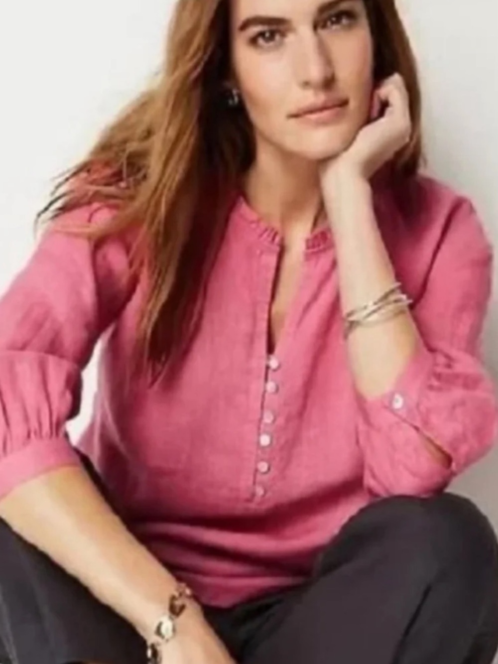J.Jill Love Linen Ruffle Neck Button Front Popover Blouse Top Small Rose Pink